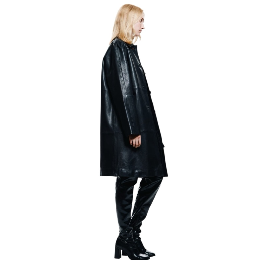 H&M NWT Knee Length Black Leather Jacket in Sz M